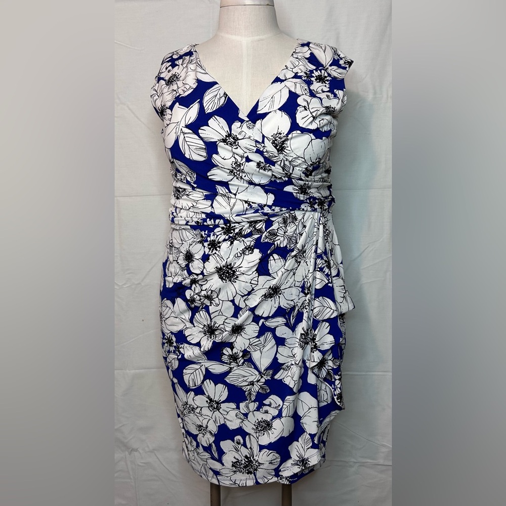 Chaps Blue White Floral Dress XL Faux Wrap Ruched Sheath Stretch